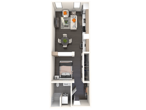 Floor plan for studio, 1 bath, 607 sqft